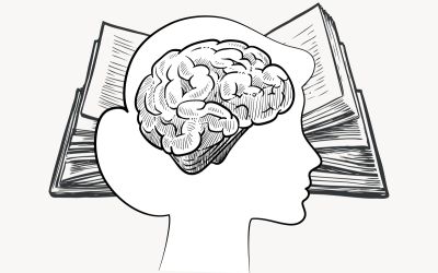 Line drawing of a brain over a woman's head over a open book, to illustrate the article Let This Mind Be in You